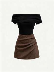 Franclia 1 Set Fashion Off-Shoulder Ruched Short Sleeve Slim Fit T-Shirt + Stylish Suede Irregular Skort, High Waist Flattering Bodycon Pleated Two Pieces Outfit, Spring/Summer - Apricot - View 3