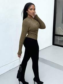 Alexandranx 短款修身前扣纯色长袖简约休闲针织开衫、毛衣、短款女式毛衣、女式毛衣、针织毛衣、冬季女装、秋季女装、FW24 - 軍綠色 - 查看 5