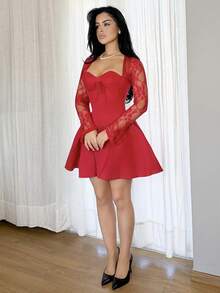 Vassilux 节日服装红裙圣诞派对舞会红色蕾丝长袖公主芭蕾舞短裙性感迷你连衣裙；秋季女装；节日派对礼服；新年前夜礼服；新年女装 - 紅色 - 查看 6