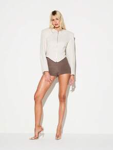 KIZN 仿羊毛垫肩西装外套，长袖，拉链前襟，短款修身商务正装办公夹克，秋冬款 - 杏色 - 查看 3