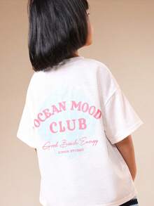 SUMWON 超大款 Ocean Mood Club 好海滩能量女童短袖圆领印花T恤，背面印花，夏季休闲上衣 - 白色 - 查看 5