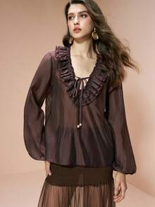 Aveloria Modichic 女士优雅纯色V领荷叶边灯笼袖衬衫 - 棕色 - 查看 7