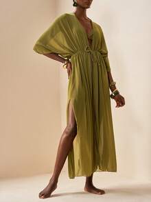 Zivah 2026 女士度假休闲沙滩薄纱雪纺抽绳腰带长款和服罩衫 - 軍綠色 - 查看 8