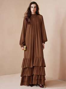 Arave Vestido largo de gasa holgado y elegante para mujer con cuello alto y dobladillo con volantes en capas, adecuado para citas - Óxido marrón - Ver 5