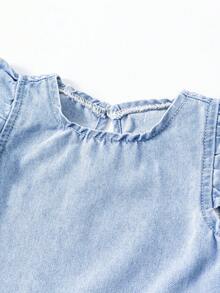 Toddler Girls' Casual Fashionable Minimalist Design Washed Blue Denim Set - Blue - View 4