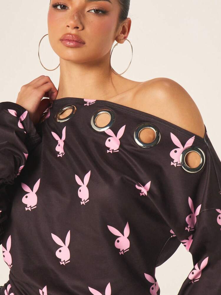Missguided x Playboy Women's Off Shoulder Long Sleeve Top With Bunny All Over Print And Metal Eyelets Black Pink