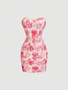 SHEIN MOD Women's Elegant Floral Print Lace Trim Fitted Tube Dress, Summer - Pink - View 4