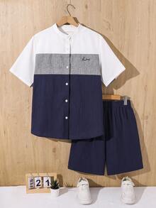 SHEIN Bộ đồ thường ngày cho bé trai tuổi teen: áo tay ngắn phối màu in logo và quần short, chất liệu cotton. - Nhiều màu - Xem 3