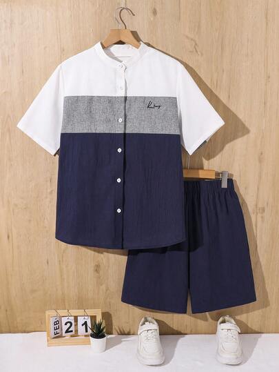 SHEIN KIDS 2pcs Teen Boy Casual Versatile Textured Short Sleeve Shirt And Shorts Set Teen Boy 2 Piece Set Boys Black Short Blusas Sets Travel Essential  Ss Style Inspo