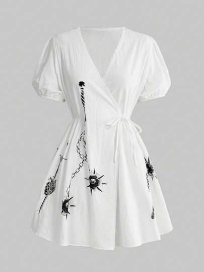 ROMWE Goth فستان قصير للنساء بطباعة سلاح المطرقة النيزكية، السيف، السلسلة، الشوكة بطراز جوتيك