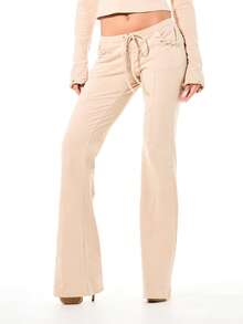 SUMWON WOMEN 系带镂空细节喇叭高腰阔腿裤，前系带休闲波西米亚风抽绳腰带时尚下装 - 卡其色 - 查看 1