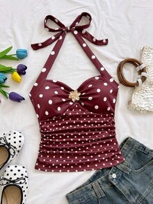 Soleia 女士撞色波点印花吊带背心 - 棕色 - 查看 5