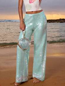 Opulessa 女士纯色弹力腰亮片阔腿宽松时尚裤 - 藍色 - 查看 1