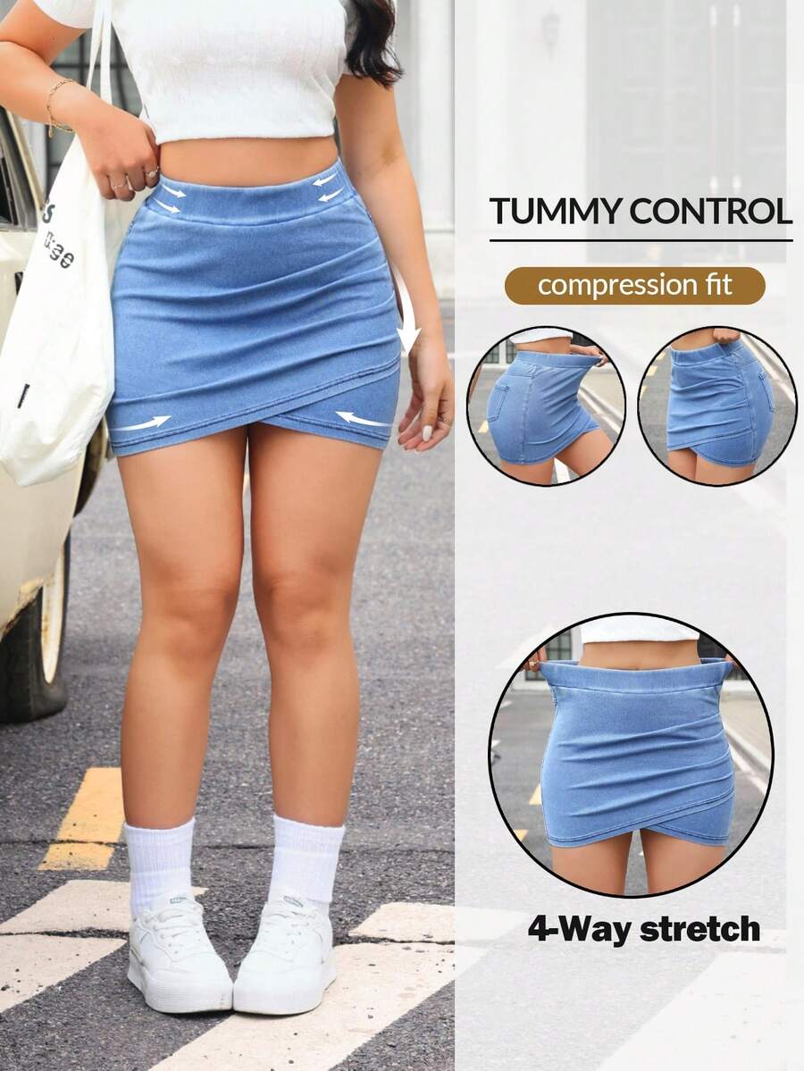 Flexra 女士褶裥口袋休闲百搭日常牛仔迷你裙 - 藍色 - 查看 1