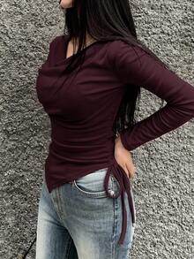 DAZY Women's Solid Color Draped Neck Drawstring Side Long Sleeve Casual T-Shirt For Spring And Autumn - Burgundy - View 4