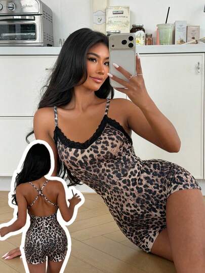 SHEIN Lace Patchwork Leopard Print Jumpsuit With Criss-Cross Back For Women Leopard Print Bodysuit Leopard Print Romper Leopard Print Lingerie Sexy Leopard Sleepwear Cheetah Print Lingerie