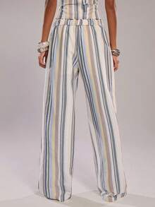 SHEIN BAE Quần ống rộng cạp chun kẻ sọc nhiều màu sắc bằng vải lanh/Quần hè/Quần thường ngày/Quần kẻ sọc, Xuân/Hè, Phong cách Riviera, Quần đi biển, Kỳ nghỉ Ý, Quần vải lanh - Nhiều màu - Xem 2