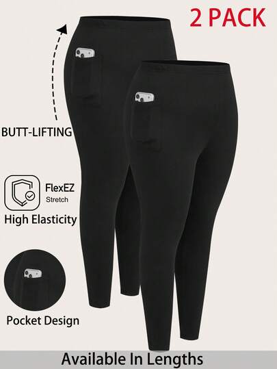 SHEIN Tall CURVE Plus Size Women Solid Color Elastic Waist Casual Leggings, Black Leggings For Women, Set Of Leggings, Women's Leggings, Spring Clothes Women , Holiday Outfits For Women , Casual Outfit For Women , Women's Sportswear , Black Pants,High-Waisted Black Pants For Women 2 Pieces Set Women