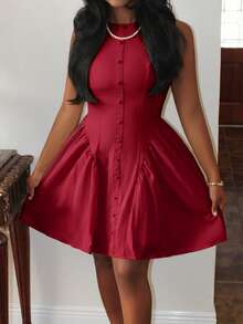 Steph T Women's Solid Color Button Design Ruched Sleeveless Fashion Mini Dress - Red - View 3