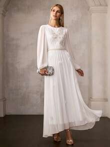 MOTF Soiréza 女士新款白色雪纺长袖松紧腰长款正式舞会礼服，高端宴会走秀晚礼服 - 白色 - 查看 5