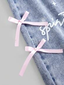 Tween Girls' Casual Washed Heart & Letter Print Bow Decor Wide Leg Jeans Kawaii Jeans Heart Jeans Baggy Jeans Design - Blue - View 4