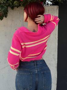 Bearsaez New Early Autumn, Autumn And Winter Back-To-School Season, Music Festival, Carnival, Casual Street Style, Sexy Daily Date, Popular Online Celebrity Outfits, Casual Elegance, Commuting, OL Style, Fake Style, POLO Neck, V-Neck, Long-Sleeved, Loose Fit, Short Yellow, Rose Red Striped Pullover, Sweater, Knitted Top, Women's Sweater Office Wear Back To School Rave Outfits Festival - Hot Pink - View 2