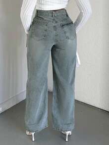 Alexandranx 斜口袋水洗闊腿牛仔褲 - 淺色水洗藍 - 查看 2