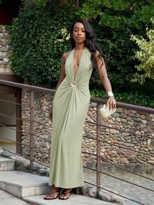 Yess Loren 女式长款针织高领露背修身连衣裙 - 薄荷綠 - 查看 1