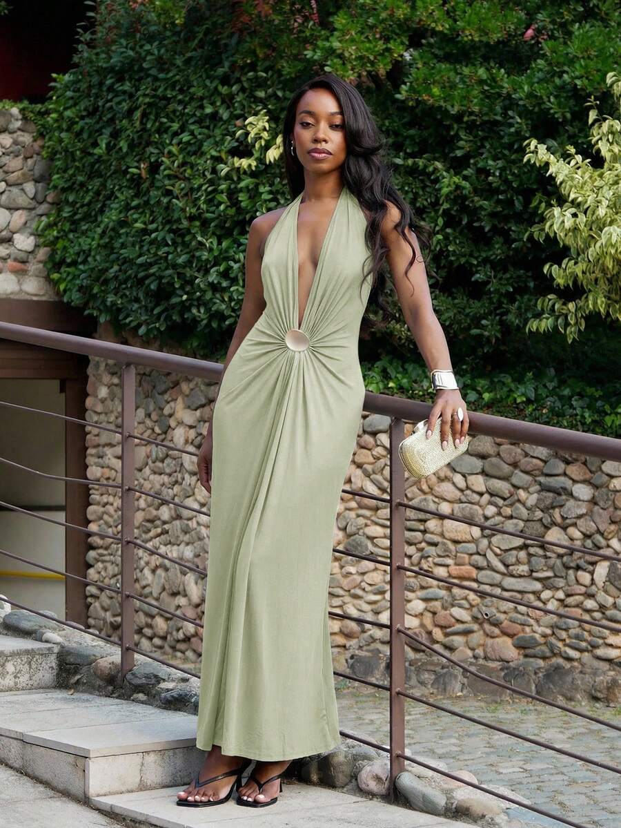 Yess Loren 女式长款针织高领露背修身连衣裙 - 薄荷綠 - 查看 1