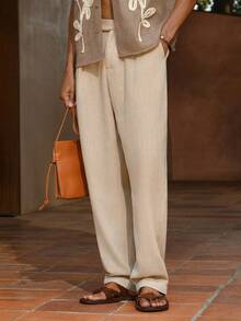 Business Casual AKNOTIC 男士人字纹斜插口袋休闲裤，适合圣诞派对、通勤、商务场合、送给男友的礼物、节日之选 - 杏色 - 查看 4