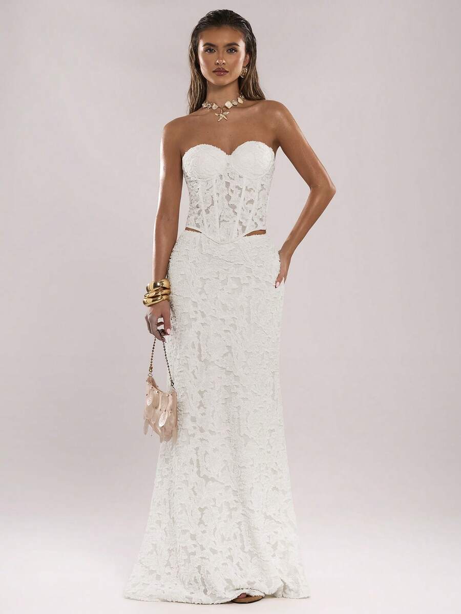 SHEIN BAE Chân váy nữ kiểu dáng nghỉ dưỡng, chất liệu vải dệt họa tiết, có đường cắt xẻ, thích hợp cho kỳ nghỉ thanh lịch, đi biển, hẹn hò, dự tiệc, chân váy trắng có đường cắt xẻ, chân váy thanh lịch. - trắng - Xem 1