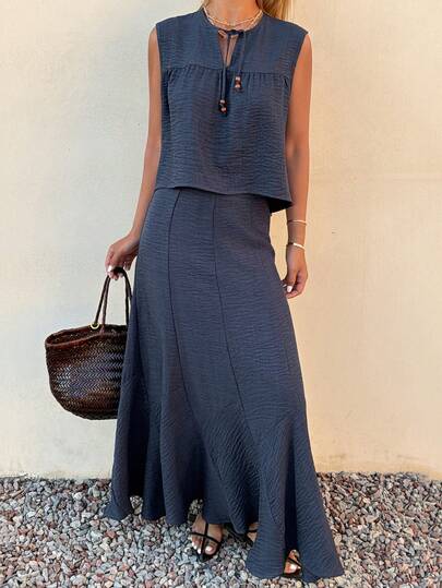 Livesso Conjunto de 2 piezas de falda suelta casual con cuello redondo, sin mangas y con cordón con cuentas para mujer, ideal para vacaciones de verano