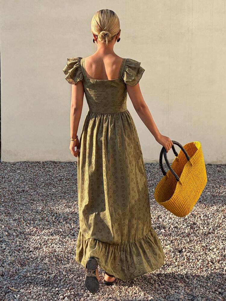 Elegant Green Ruffled Lace Mid-Length Dress, Suitable For Summer Vacation And Party