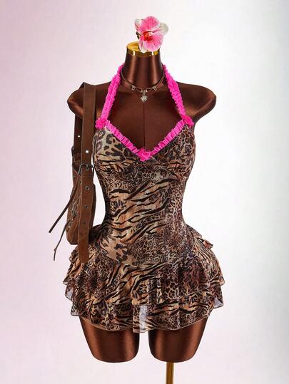 Amplova 2026 Y2K Colorblock Leopard Print Low-Cut Jumpsuit For Women