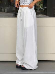 Muchica Loose-Fitting Drawstring Waistband, Textured Fabric, Wide-Leg Pants, White Linen Pants, Women's. - White - View 4
