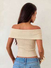 Aloruh Top de punto elegante beige para mujer para salir de noche en verano,Suéter acanalado asimétrico con hombro descubierto y decoración metálica,Pullover vintage ceñido, Streetwear - Albaricoque - Ver 7