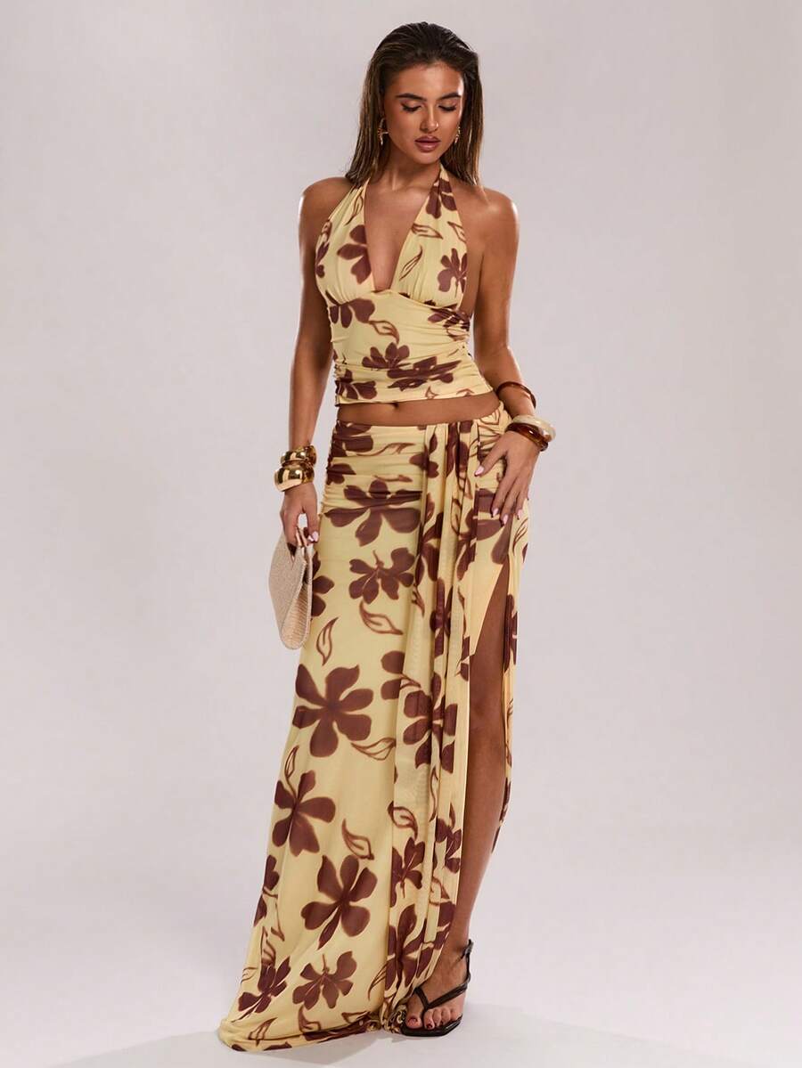 SHEIN BAE 女士休闲度假印花露背吊带网纱背心，适合休闲度假、海滩旅行、海滩度假村、休闲外出、音乐节、Y2K风格，性感印花背心，黄色印花背心 - 黃色 - 查看 1