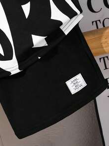 SHEIN Setelan 2 Potong Gaya Jalanan Kasual untuk Anak Laki-Laki, Terdiri dari Kaos Pullover dengan Huruf Besar dan Celana Pendek Warna Polos, Anak-Anak - Hitam dan Putih - View 4