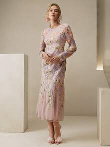 Anewsta Elegant Party Vintage Embroidered 3D Floral Fitted Waist Long Sleeve Dress, Bodycon Mermaid Hem - Pink - View 5