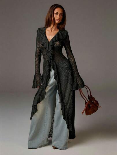 Athîral 女士纯色V领荷叶边下摆休闲长袖连衣裙