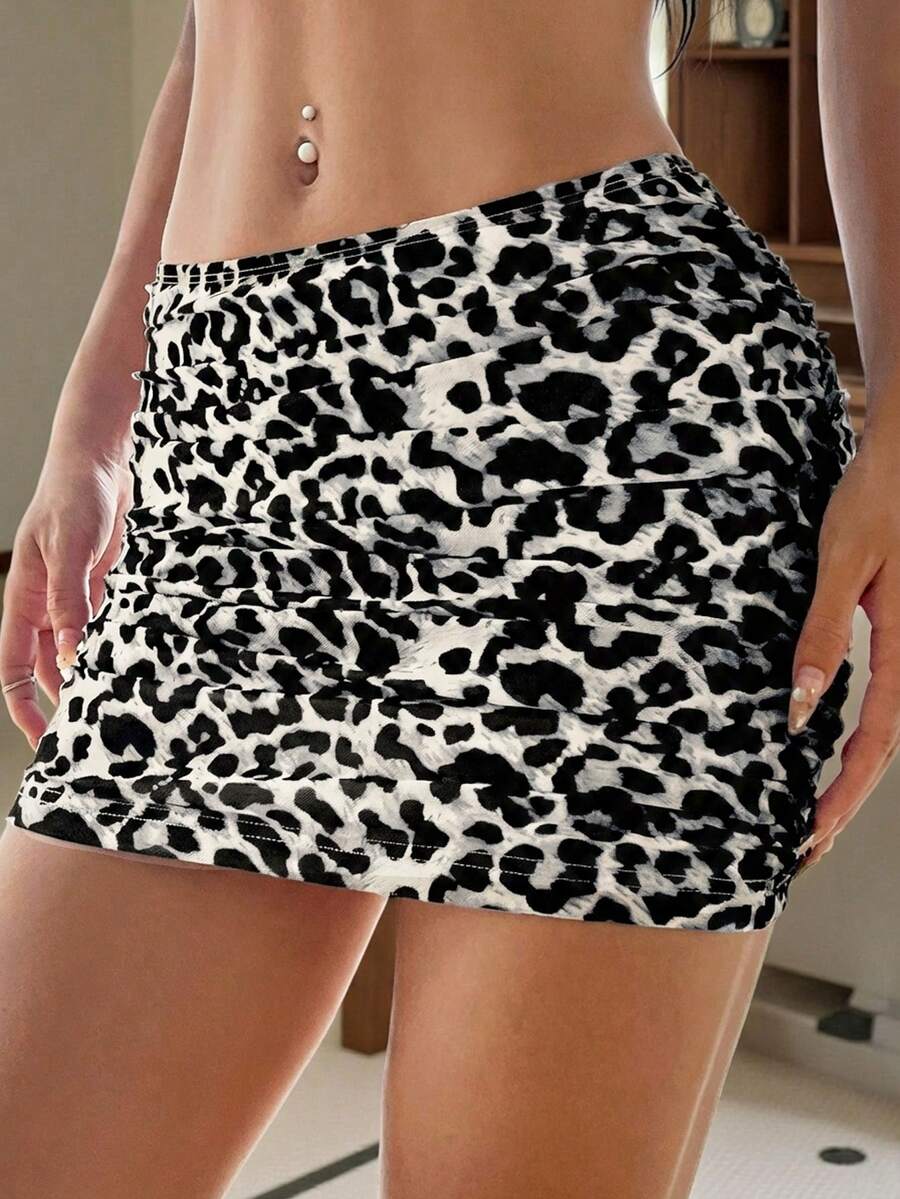 SHEIN EZwear 性感时尚网纱豹纹紧身迷你裙,春夏动物纹半身裙,豹纹半身裙,猎豹纹半身裙,褶皱半身裙,斑马纹半身裙,女士两件套,短款豹纹半身裙,迷你裙,女士短裙,女士半身裙 - 杏色 - 查看 1