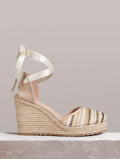 Styleloop Apricot Hollow Linen Rope Woven Platform Wedge Sandals, Tie-Up Lightweight Elevated Party & Holiday Bohemian Style Shoes For Women Holiday Travel Essential Boho Cowgirl Outfit