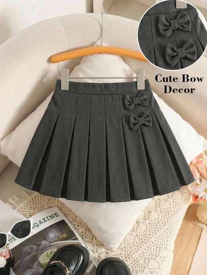 Young Girl Summer Casual Solid Color Cute Bow Decor Pleated Mini Skirt,Back To School,Daily Wear ,S Fashionable Versatile Pleated Solid Color Fitted Casual Skirt