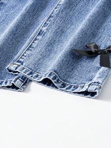 Young Girls Denim Bib Pants And Jumpsuit New Casual Fashion Personalized Sweet Retro Cute Bow Design Ladylike Sweet Style Bib Pants - Blue - View 8