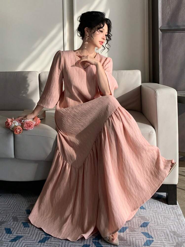 Women's V-Neck Loose Textured Pink Short Sleeve Dress Maxi Dress Sundress