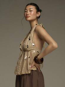 COSMINA 女士优雅深V领系带串珠上衣，适合春季、约会、情人节、新年、婚礼宾客、派对等场合。 - 卡其色 - 查看 6