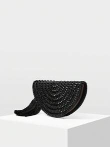 MOTF HANDMADE BEADED EVENING BAG, BLACK TASSEL CLUTCH, ELEGANT CHAIN SHOULDER CROSSBODY BAG - Black - View 3