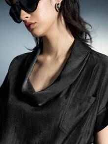 Airlisse Women's Y2K Style Denim Effect Plunging Neck Cinched Waist Curved Hem Blouse, Spring/Summer Dark Feminine Edgy Women Black - Black - View 3