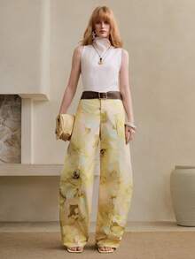 Arave Women's Jacquard Wide Leg Pants Vintage Floral Print High Waist Side Pockets,White Flower,Summer,Euro,Tea Party,Vacation,Holiday French Retro Dress - Yellow - View 3