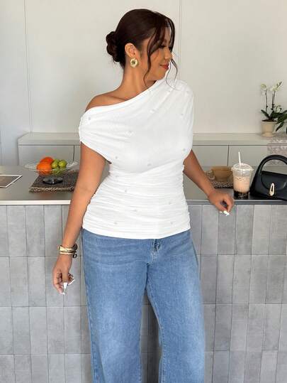 Firerie Plus Size Elegant Solid Color Asymmetric Neck Beaded Decor T-Shirt, Summer